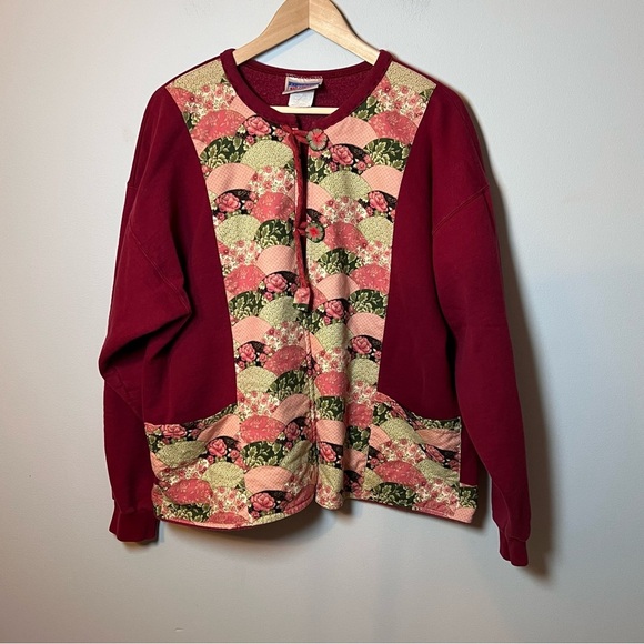 Vtg Reworked Crewneck Quilted Open Cardigan Size L Burgundy Fleece Sweatshirt - Picture 1 of 8